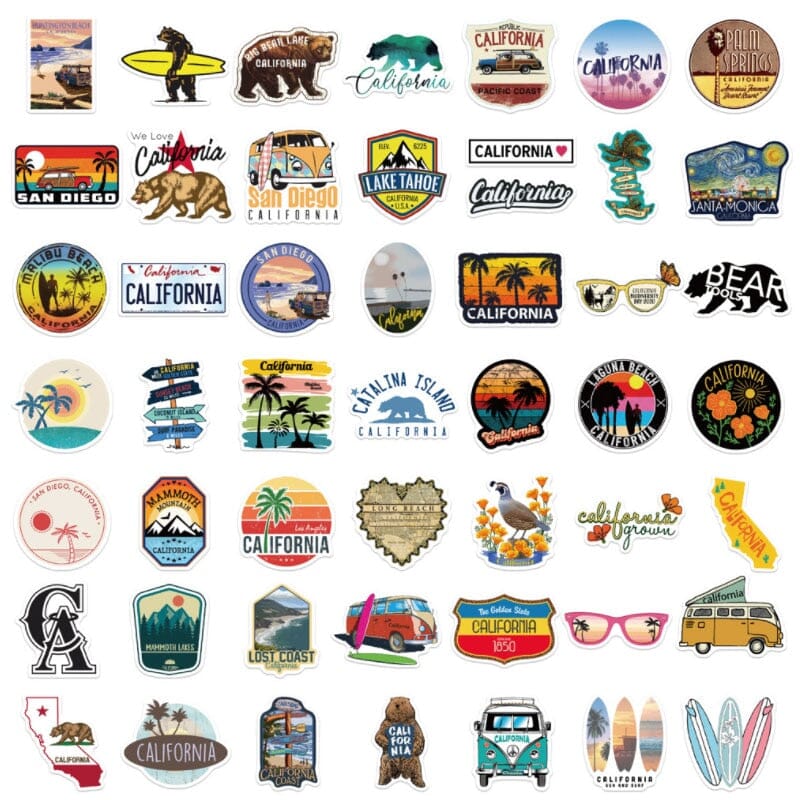 Pack de 50 Autocollants pour Valise Californie Voyage